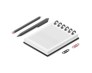 Office supplies. Notepad pencil and pen. Colored isometric vector illustration. Isolated on white background.