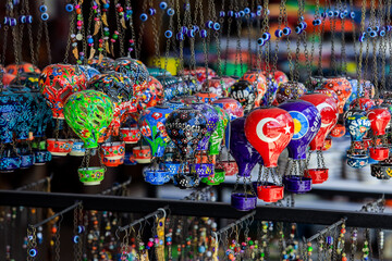 Cappadocia, Turkey - September 23, 2020: Beautiful and Colorful Souvenirs on the Goreme Market
