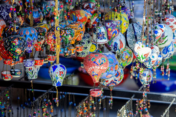 Cappadocia, Turkey - September 23, 2020: Beautiful and Colorful Souvenirs on the Goreme Market