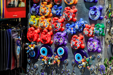 Cappadocia, Turkey - September 23, 2020: Beautiful and Colorful Souvenirs on the Goreme Market