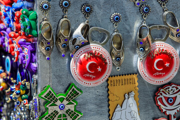 Cappadocia, Turkey - September 23, 2020: Beautiful and Colorful Souvenirs on the Goreme Market