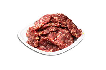 Homemade raw organic minced beef meat burger on plastic plastic plate isolated on white