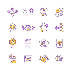 Problem solving, decision making RGB color icons set. Creative thinking. Decision making. Researching for project. Soft skills for completing task. Business planning. Isolated vector illustrations