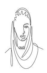 The lady in the headscarf is drawn in a single line. Spa services.Beauty salon. Drawing a single line. Minimalism. Print for T-shirts, for coloring. minimalist poster line, cosmetics, creams, hats