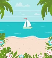 Fototapeta na wymiar Summer background with boat in the sea. Sunny day at the beach. Vector illustration with palms, sailboat and flowers. Beautiful colorful tropical background. Vector in flat style.