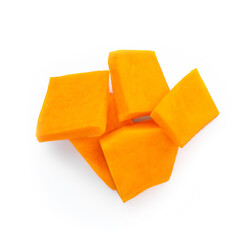 Pumpkin vegetable cube slice isolated on white background. Top view. Autumn Pumpkin Thanksgiving food