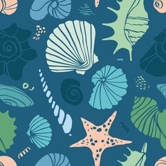 Seamless pattern with decorative shells, splashes, starfish in pastel colors isolated on blue. Summer sea background with marine nature for packaging paper, wallpaper, fabric. Vector illustration.