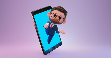 3d render illustration of man, reporter speaking on microphone coming out of the screen of giant smartphone