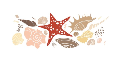 Horizontal composition of siluets of sea symbols isolated on white. A collection of marine elements in a vintage style. Seashells, starfish for decoragrements, postcards, posters. Vector illustration