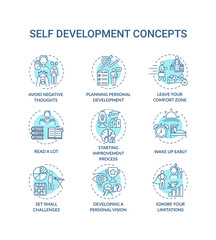 Self development turquoise concept icons set. Avoid negative thought. Leave comfort zone. Personal improvement idea thin line RGB color illustrations. Vector isolated outline drawings. Editable stroke