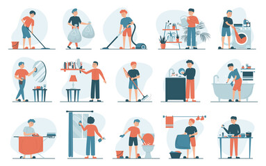 Housework set vector isolated. Collection of men doing house work. Vacuum cleaning, clothes ironing, cooking, wiping dust. Male characters cleaning window and mirror.