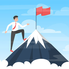 Businessman moving towards victory. Take your business to the next level concept. Vector illustration of man in suit on top of the mountain with red flag as a symbol of success and goal achievement.