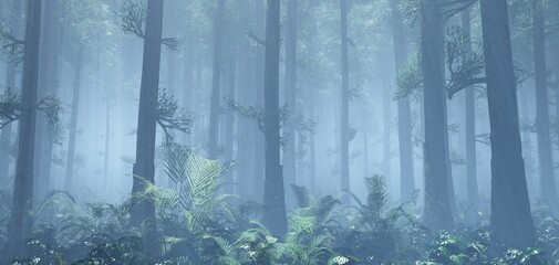 Forest in the fog, haze in the forest, trees in the fog,, 3d rendering