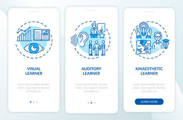 Learning styles blue onboarding mobile app page screen with concepts. Education, studying strategy walkthrough 3 steps graphic instructions. UI, UX, GUI vector template with linear color illustrations