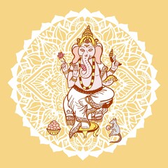 Obraz na płótnie Canvas Vector illustration of the god of Hinduism Ganesha. The many-armed god Ganesha with the head of an elephant sits on the throne. Offerings for Ganesha.