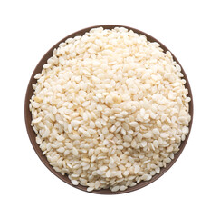 Sesame seeds in bowl on white background, top view