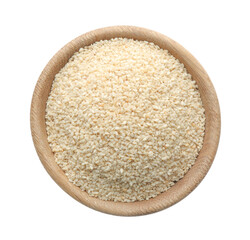 Sesame seeds in bowl on white background, top view