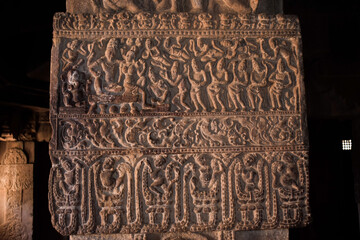 pattadakal temple architecture pillar with sculptures , an archaeological site at Hampi, Karnataka, India