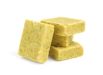 Bouillon cubes on white background. Broth concentrate