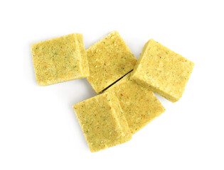 Bouillon cubes on white background, top view