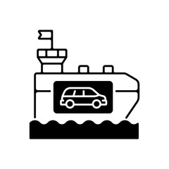 Vehicle carrier ship black linear icon. Car shipping service. Wheeled cargo transportation. Ro-ro ships. Carrying cars and trucks. Outline symbol on white space. Vector isolated illustration