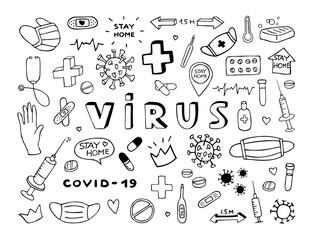 Coronavirus vector hand drawn doodle set. Health care icons on white background isolated. Covid-19 pandemic illustration