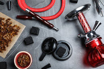 Flat lay composition with parts of hookah on grey table - obrazy, fototapety, plakaty