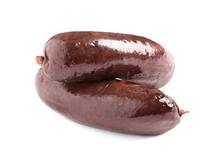 Whole tasty blood sausages on white background