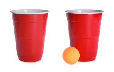 Beer pong. Red plastic cups and ball on white background, banner design