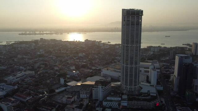 Aerial view KOMTAR building and Georgetown old building. Background is Straits Malacca.