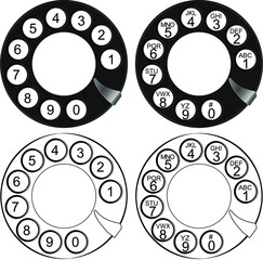 Rotary Phone Dial with numbers and letters. Flat style set, black and white vector illustration.