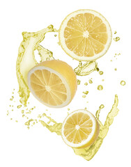 Lemon slices and splash of juice on white background