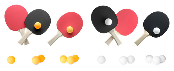 Set with ping pong rackets and balls on white background, top view. Banner design
