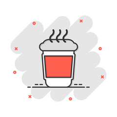 Coffee, tea cup icon in comic style. Coffee mug vector cartoon illustration pictogram. Drink business concept splash effect.