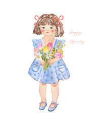 Cute little girl in blue dress holding floral bouquet, watercolor hand painted illustration in cartoon style, isolated on white background. Spring holiday card for mothers or fathers day greeting.