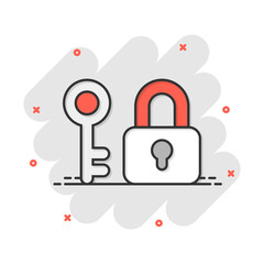 Key with padlock icon in comic style. Access login vector cartoon illustration pictogram. Lock keyhole business concept splash effect.