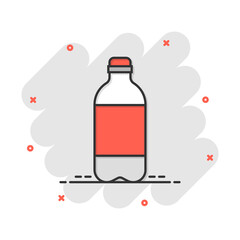 Water bottle icon in comic style. Plastic soda bottle vector cartoon illustration pictogram. Liquid water business concept splash effect.