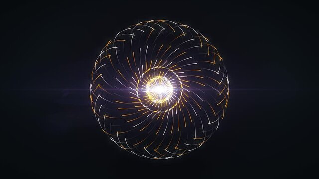 Abstract glowing sphere pulsating and spreading lines that flying around it. Animation. Shining rays creating symmetric pattern with a core in the middle.