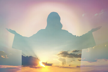 Silhouette of Jesus Christ and cloudy sky, double exposure - obrazy, fototapety, plakaty