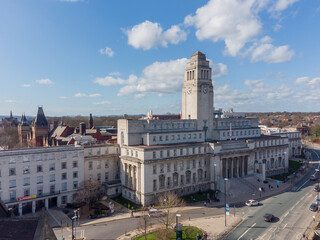 Leeds university, Yorkshire. great Hall and entrance, aerial view looking north at the university from Leeds city centre