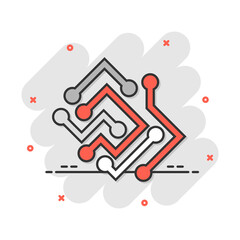 Circuit board icon in comic style. Technology microchip vector cartoon illustration pictogram. Processor motherboard business concept splash effect.