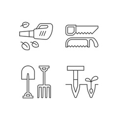 Garden instruments linear icons set. Leaf blower. Saws. Fork, spade. Cleaning up leaves. Loosening soil. Customizable thin line contour symbols. Isolated vector outline illustrations. Editable stroke