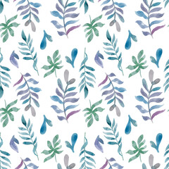 Watercolor seamless pattern of pink flowers and almond leaves.