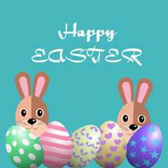 Easter greetings with colorful easter eggs and a couple of bunny.