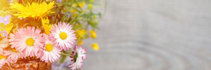 a bouquet of wildflowers of forget-me-nots, daisies and yellow dandelions in full bloom in a rusty rustic jar against a background of wooden planks. cottagecore scene. space for text. banner. flare © Ksenia