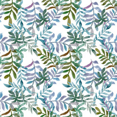 Watercolor seamless pattern of pink flowers and almond leaves.