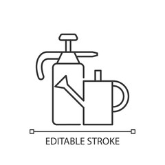 Watering can and hand sprayer linear icon. Healthy garden maintenance. Fertilizers application. Thin line customizable illustration. Contour symbol. Vector isolated outline drawing. Editable stroke