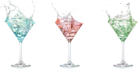 Three spashing drinks in martini glasses isolated on white background. Cocktail set for bar, lounge, restaurant menu