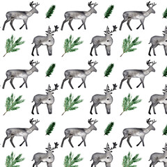 Pattern watercolor.Deer silhouette with tree branches with leaves pattern.For wrappers,wallpapers,postcards,greating cards,wedding invintation.