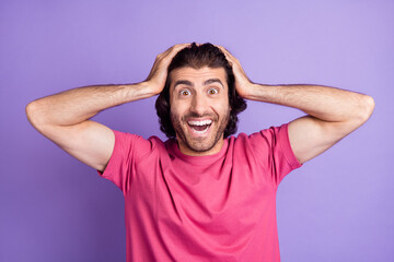 Photo of shocked funny young guy dressed pink outfit arms head isolated purple color background